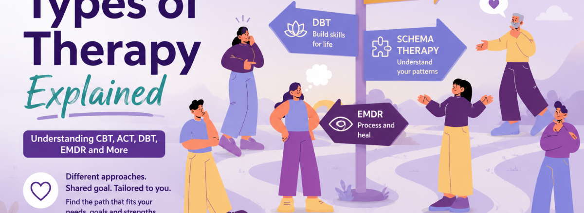 Types of therapy explained infographic showing CBT ACT DBT Schema Therapy and EMDR as different pathways to psychological support